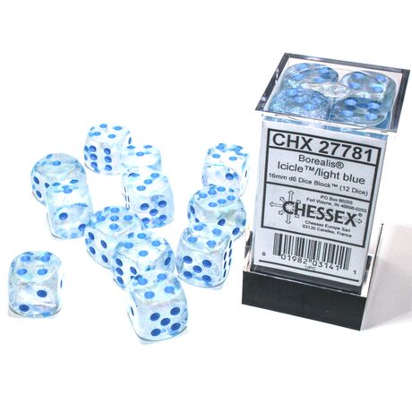 Borealis® Icicle™/light blue Luminary™ 16mm Dice Block™ (12 dice)