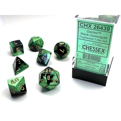 Gemini® Black-Green/gold 7-Dice Set