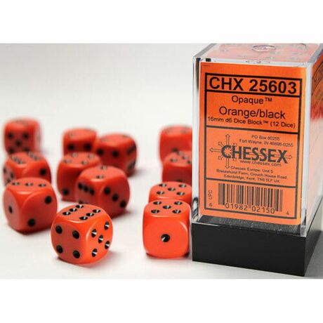 Opaque Orange/Black 16mm Dice (12)