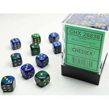 Gemini Blue-Green/gold 12mm d6 Dice Block (36 dice)