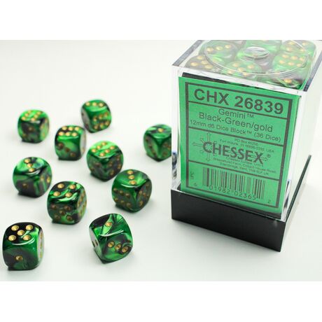 Gemini 12mm D6 Black-Green/Gold Dice Block