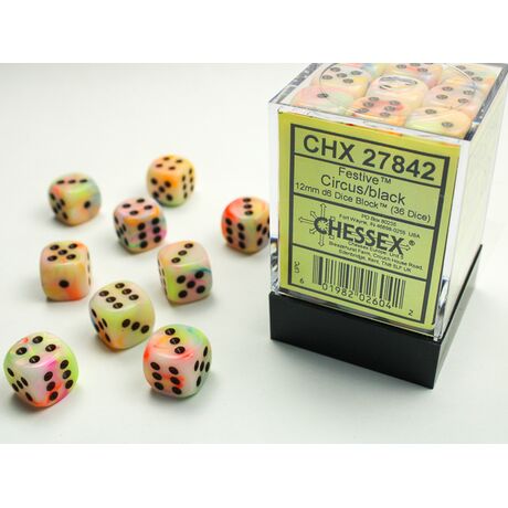 Festive 12mm D6 Circus/Black Dice Block