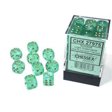 Borealis 12mm D6 Light Green/Gold Luminary Dice Block