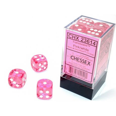 Translucent Pink/white 16mm d6 Dice Block (12 dice)