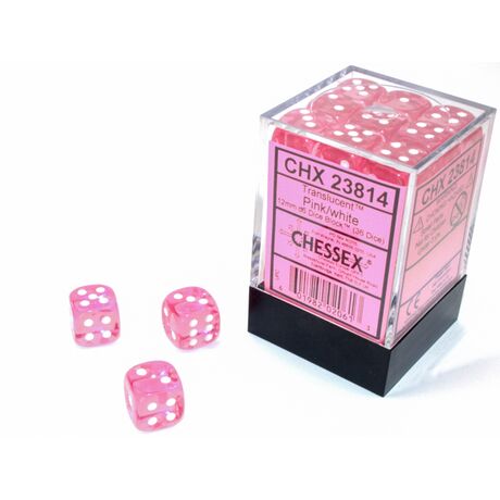 Translucent Pink/white 16mm d6 Dice Block (12 dice)