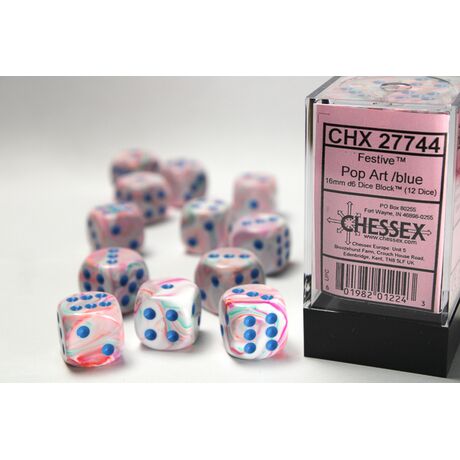 Festive Pop Art/Blue 16mm d6 Dice Block (12)